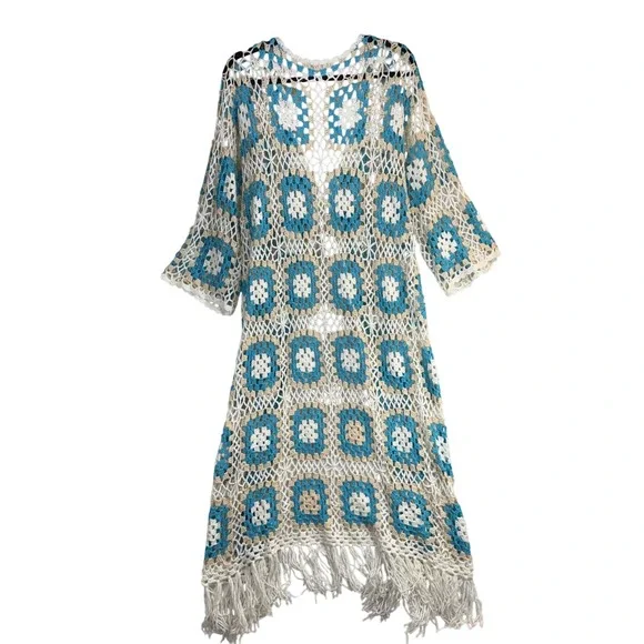 POL OS Crochet Granny Square Duster Cardigan Blue White Fringe Boho Coverup Y2K - Picture 7 of 10